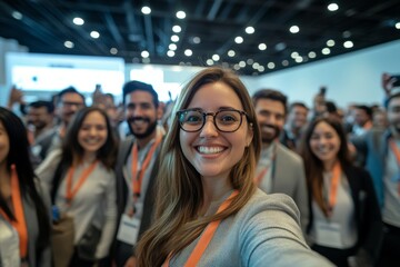 Large group of happy entrepreneurs taking selfie while attending business conference at convection center. Generative AI