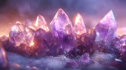 Fototapeta premium Natural raw amethyst crystal clusters showcase deep purple hues and geometric crystalline structures. Translucent facets catch soft backlight, displaying mystical mineral textures and formations.