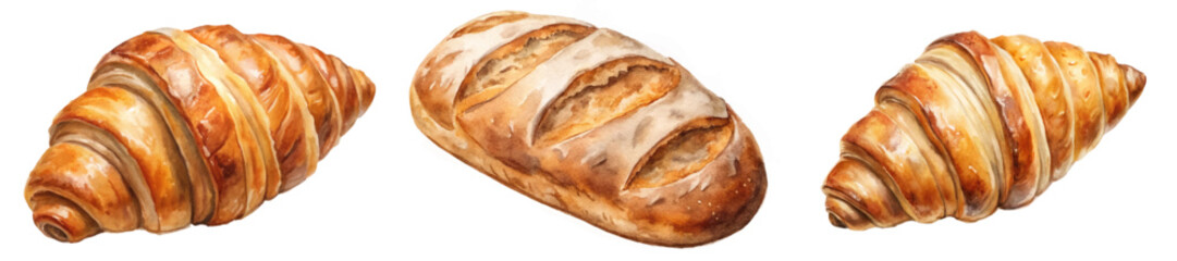 Freshly baked croissants, artisanal bread, golden crust, flaky layers, delicious pastries, food photography, bakery display.