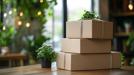 Stacked brown cardboard boxes occupy wooden table with blurred modern office and window light behind, creating minimalist delivery-themed composition with plant silhouettes.