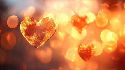 Fototapeta premium Blurred glowing heart bokeh softly scattered on a deep red backdrop, creating a passionate mood, book illustration style