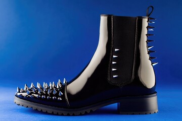 A pair of black boots with metal spikes, great for outdoor activities or fashion statements