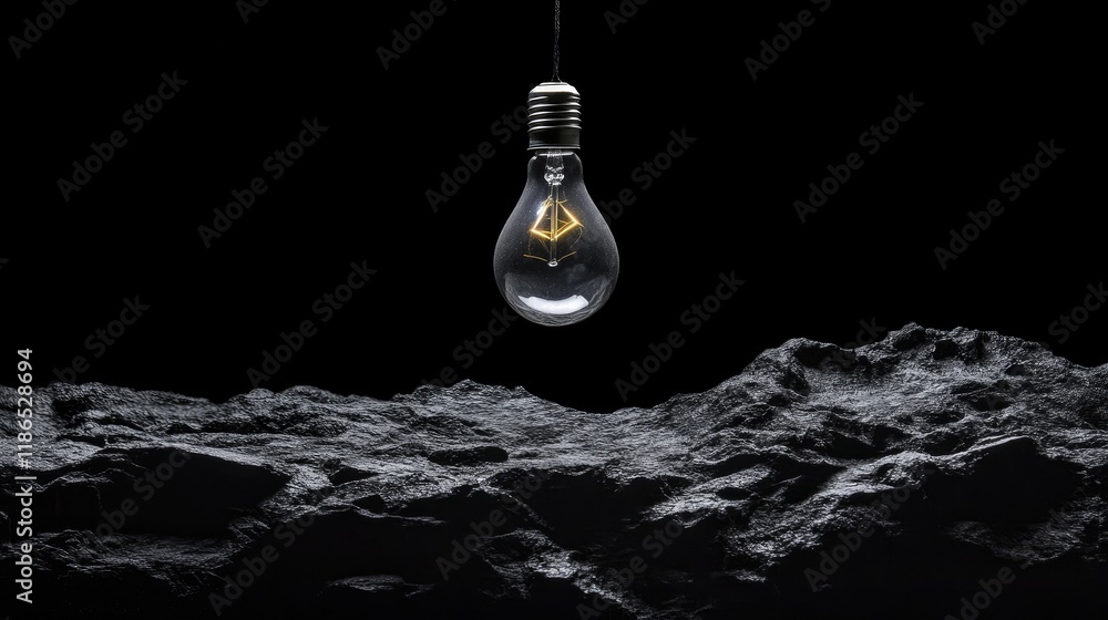 Poster illuminated light bulb hanging above textured rocky surface on a dark backdrop creating a dramatic a