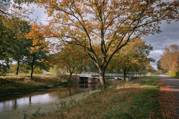 Autumn bridge and trees over a quiet canal in Drenthe, Netherlands