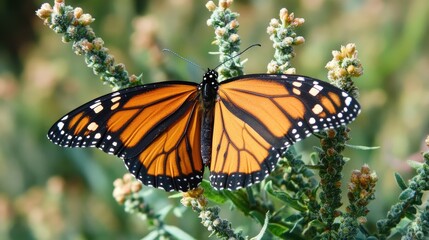 Obraz premium Monarch Butterfly Perched on Green Shrub with Delicate Flowers in Natural Habitat