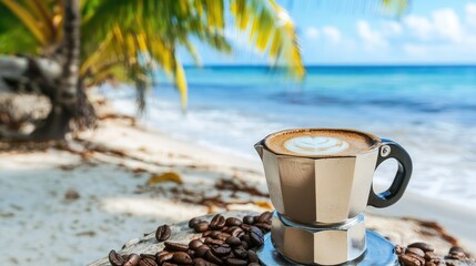Moka pot with freshly brewed coffee on a beach setting surrounded by palm trees and coffee beans on a wooden table