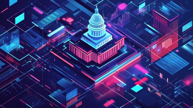 Illustration of a government budget influenced by economic policy, represented by digital charts and spending categories illustration