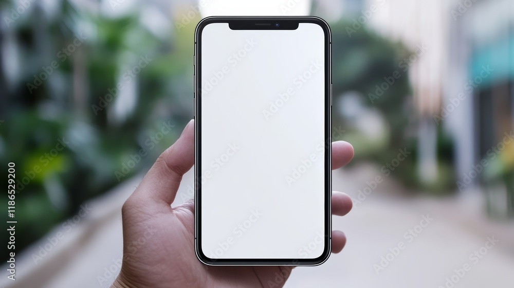 Poster Person holding a modern smartphone with a blank white screen, ideal for displaying navigation apps or online maps against a backdrop of blurred buildings and greenery