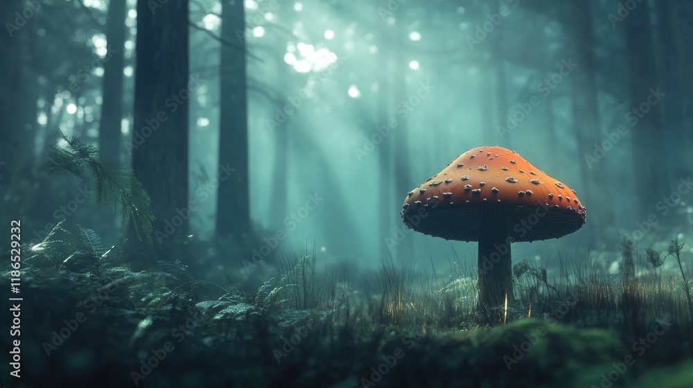 Poster mushroom standing alone in serene forest environment with soft light filtering through trees creatin