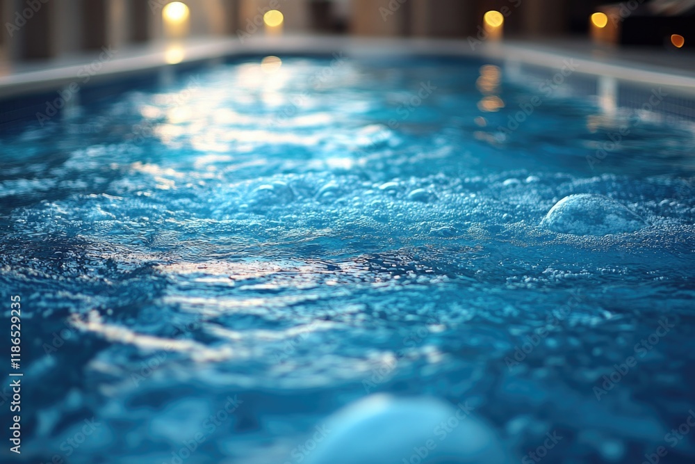 Poster a person swims in a pool under the stars, one informative phrase about what pictured on image and a 