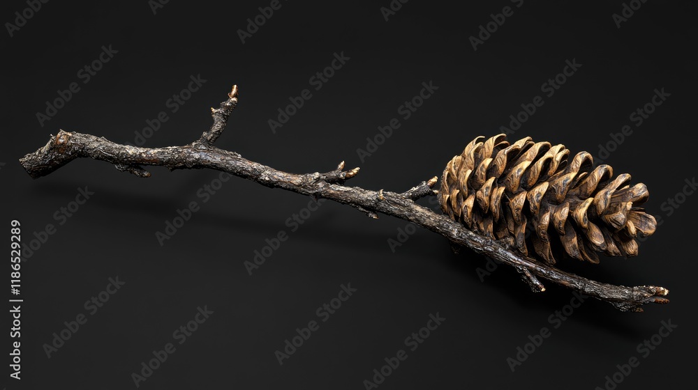 Poster pine cone resting on a dry branch isolated on a dark background showcasing natural textures and form