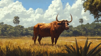 A Brown Buffalo Stands In A Field
