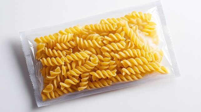 Single plastic package of uncooked spiral pasta spirali on a clean white background suitable for culinary and food-related projects