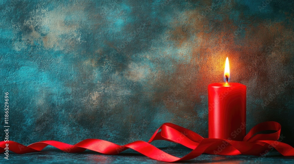 Poster red candle glowing warmly on a textured background with flowing red ribbon creating a serene and fes