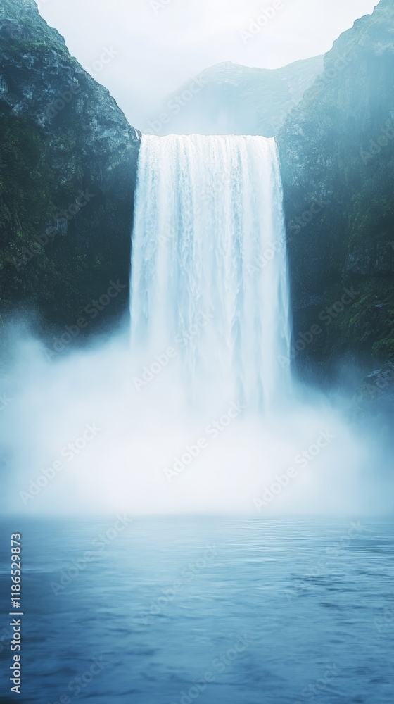 Poster Powerful waterfall plunging dramatically into a tranquil pool, creating a misty atmosphere and highlighting the untouched beauty of icelandic wilderness and landscapes