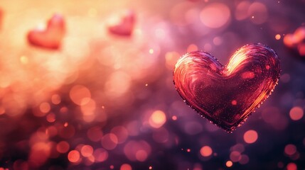 Obraz premium Blurred glowing heart bokeh softly scattered on a deep red backdrop, creating a passionate mood, book illustration style