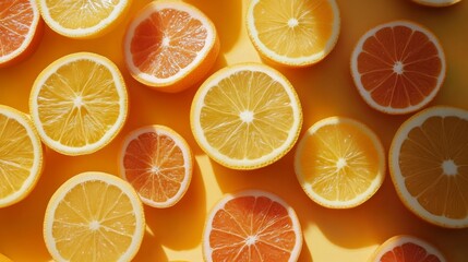 Obraz premium Citrus Burst: A vibrant and refreshing composition featuring sliced oranges and lemons, arranged in a captivating pattern against a bright yellow backdrop. The sunlight bathes the fruit.