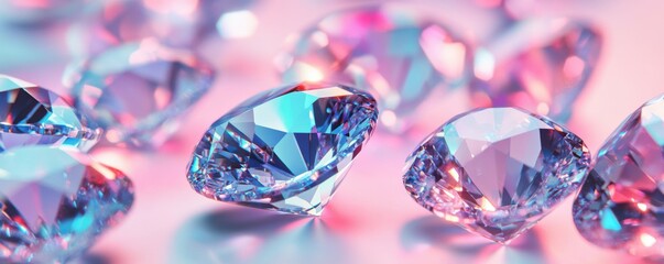 sparkling gems, colorful diamonds, bright background, luxury concept The image features a stunning arrangement of clear, shiny diamonds set against a soft gradient backdrop of blue and pink