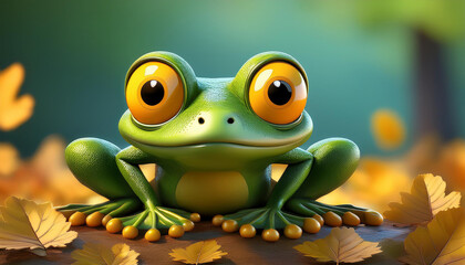 a cartoon style green frog with yellow eyeballs sitting on top of a leaf covered ground