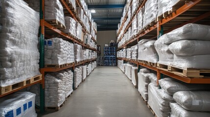 Obraz premium Warehouse Aisle Filled with Palletized Goods