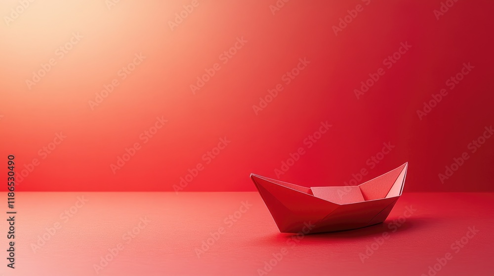 Poster a single red paper boat on a monochromatic red background showcasing simplicity and creativity with 
