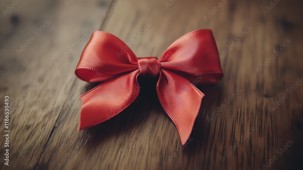 Poster elegant red ribbon bow resting on a rustic brown wooden table creating a warm and inviting atmospher