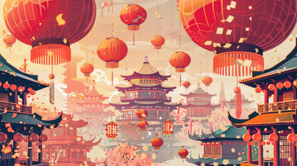 Chinese New Year poster, vibrant festival with red and gold lanterns, traditional Chinese architecture, celebratory atmosphere, detailed design elements