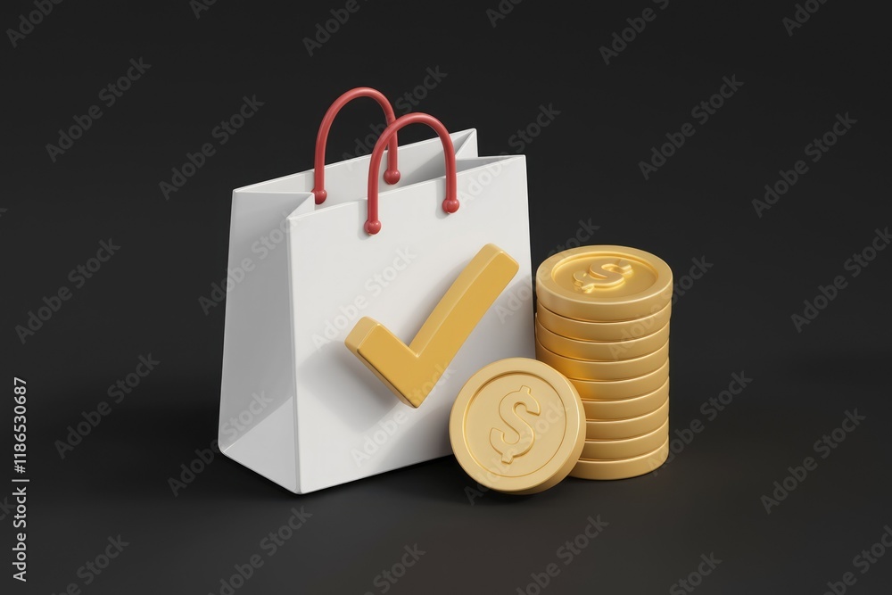 Poster shopping bag with a checkmark and gold coins signifying successful online purchase and payment.
