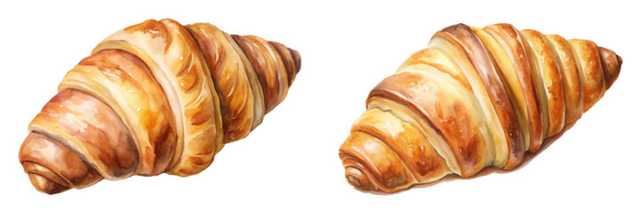Freshly baked croissants, golden brown pastry, delicious breakfast item, watercolor illustration, food art.