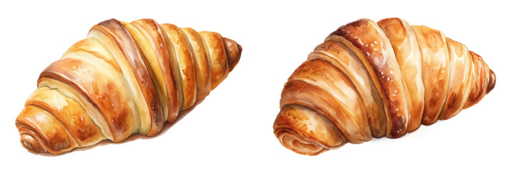 Freshly baked croissants, golden brown texture, delicious pastry, watercolor illustration, breakfast delight, gourmet food art.