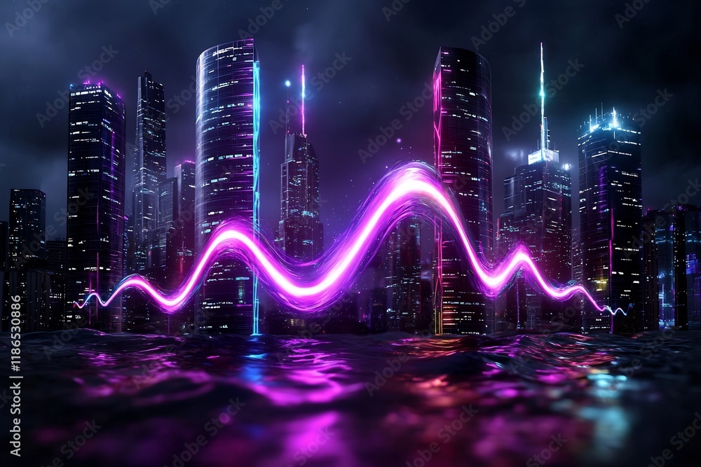 Poster mesmerizing digital abstract of a luminous energy wave with pulsating quantum phenomena towering hig