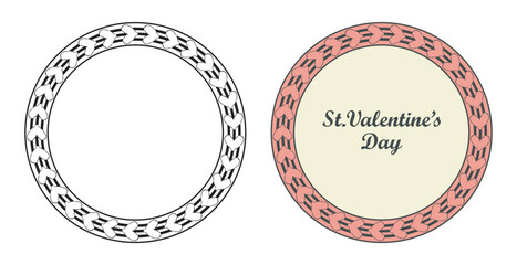 Festive lovely frame set. Outline circle border, Cute decorative geometric heart shape greeting card, classic graphic style. Empty text space. Black white retro colour background. Vector illustration
