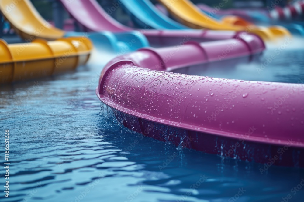 Poster a fun scene with multiple water slides in a swimming pool