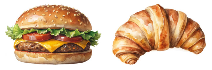 Realistic food illustration, delicious hamburger, flaky croissant, vibrant colors, culinary art, appetizing design.