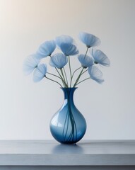 there is a blue vase with blue flowers in it on a table