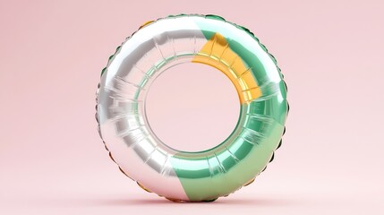 Circle foil balloon in silver gold and green colors isolated on soft pink background ideal for celebrations and festive decorations.