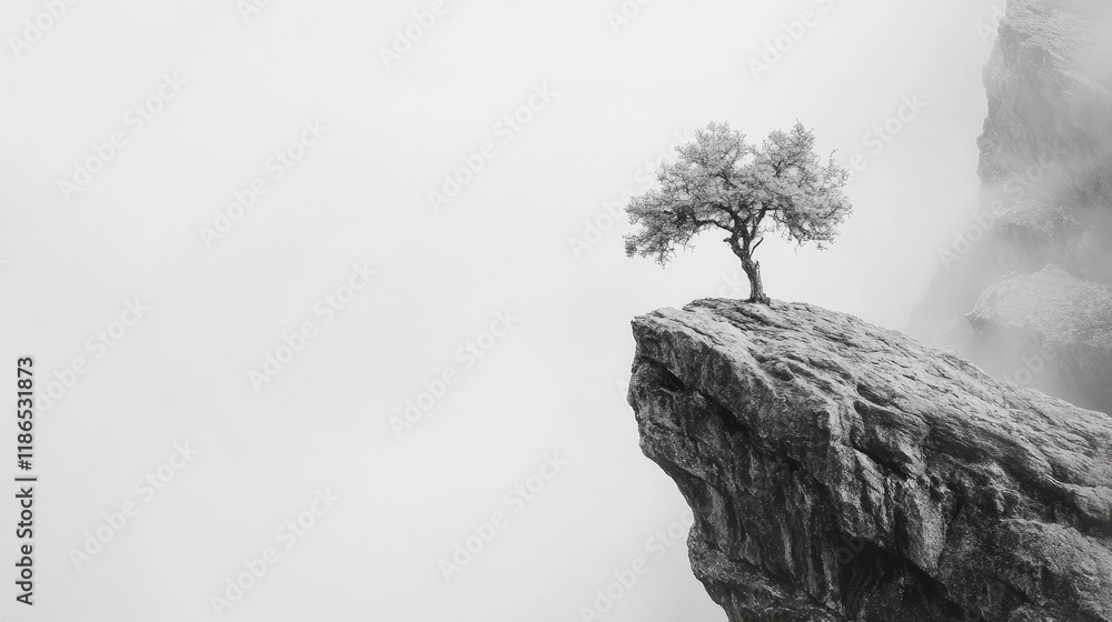 Poster solitary tree atop a rocky cliff enveloped in ethereal white fog creating a serene and atmospheric l