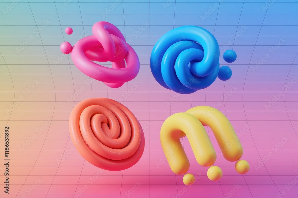 Poster Abstract 3D render of colorful twisted shapes against a gradient background.