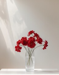 there is a vase with red flowers in it on a table © Den Boro Day
