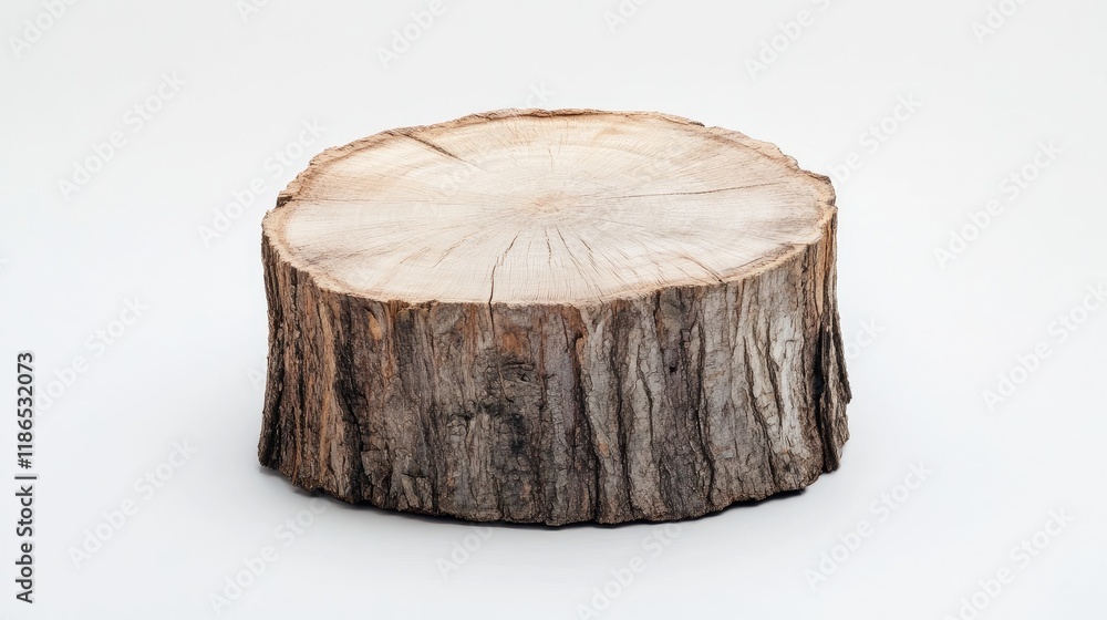 Poster tree stump displayed on a white background highlighting its natural texture and circular grain patte
