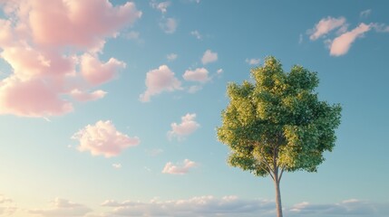 Obraz premium Solitary tree under soft clouds in a serene evening sky creating a peaceful and tranquil natural landscape scene