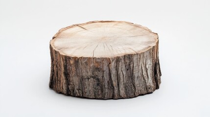 Tree stump displayed on a white background highlighting its natural texture and circular grain pattern ideal for rustic design and decor themes