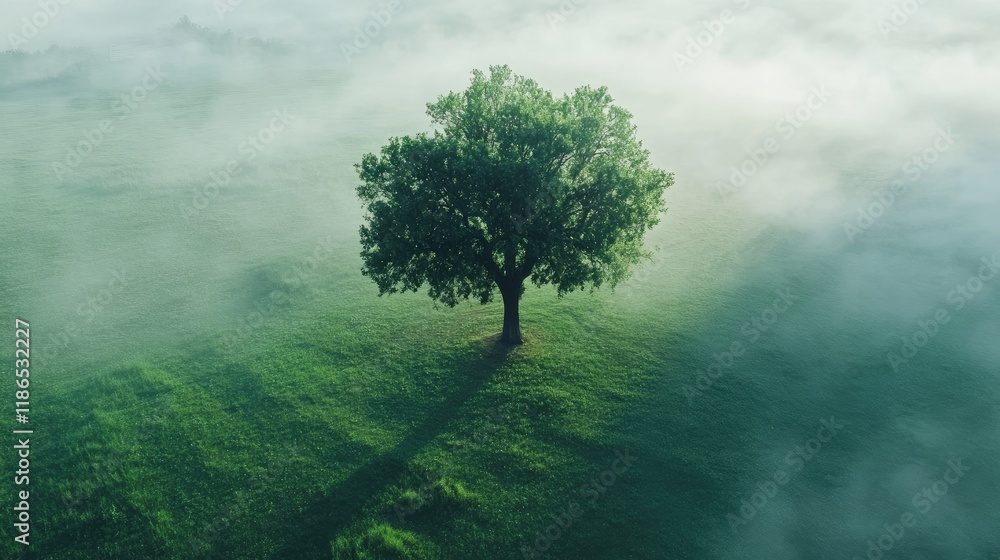 Poster lone tree in a lush green field surrounded by thick fog creating a serene and tranquil landscape atm