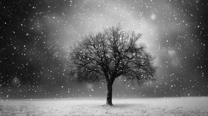 Solitary tree amidst a heavy snowfall creating a serene winter landscape in black and white photography