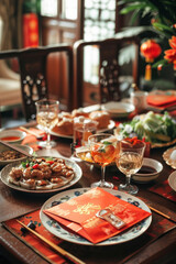 Chinese New Year red envelope, serene family dinner setting, traditional dishes on the table, warm lighting, harmonious atmosphere