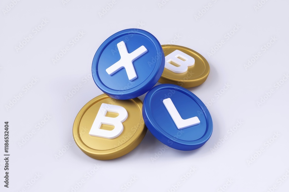 Poster a 3d render of blue and gold coins with letters x, b, and l, possibly representing game controllers 