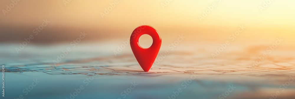 Poster red push pin marking a location on a map during sunset, representing themes of navigation, travel, t