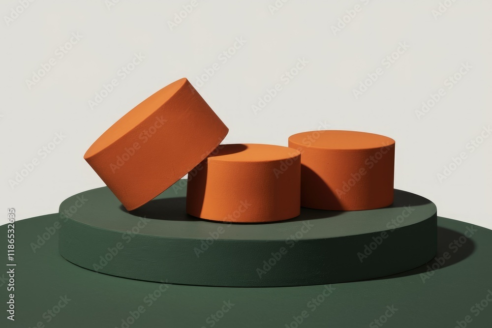 Poster Three orange cylinders rest on a dark green circular platform, creating a minimalist product display.