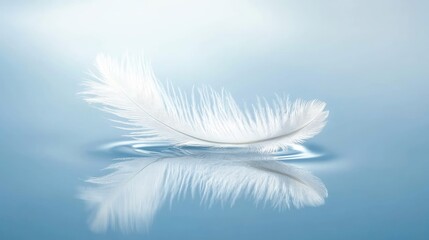 Naklejka premium Delicate white feather floating gracefully on calm water with serene blue reflections creating a tranquil and peaceful atmosphere