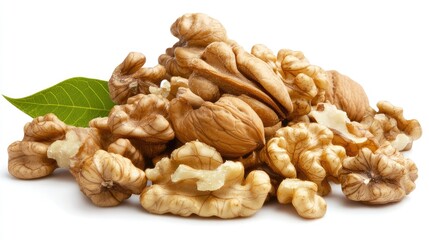 Fototapeta premium Walnut kernels piled on a white background with green leaf highlighting healthy vegetarian food and natural nutrition options.